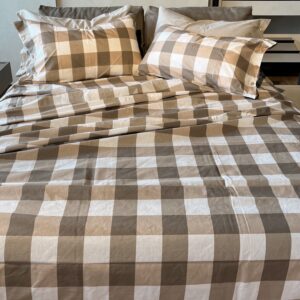 Completo Lenzuola per letto 100% puro Cotone matrimoniale Quadretti Beige