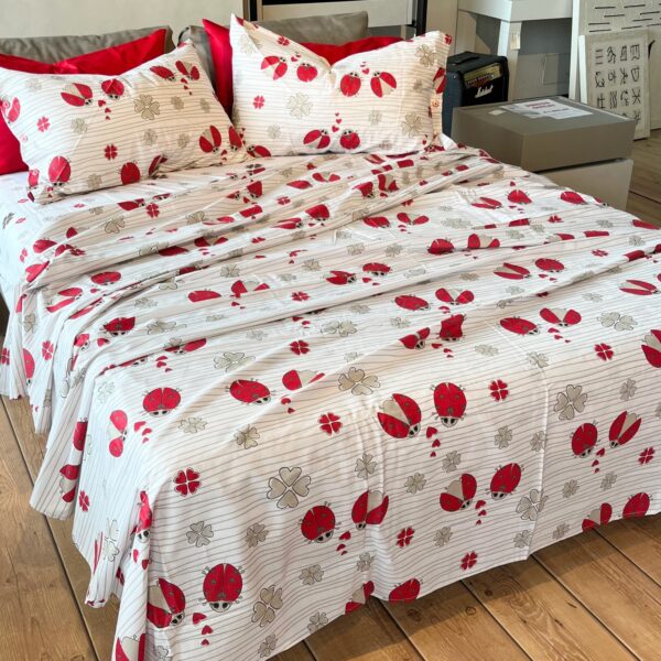 Completo Lenzuola per letto 100% puro Cotone matrimoniale Coccinelle Rosse