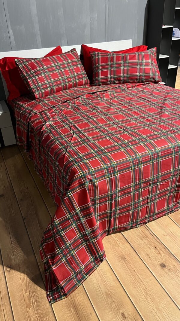 Completo Lenzuola per letto 100% puro Cotone matrimoniale Tartan Rosso