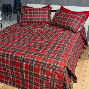 Completo Lenzuola per letto 100% puro Cotone matrimoniale Tartan Rosso